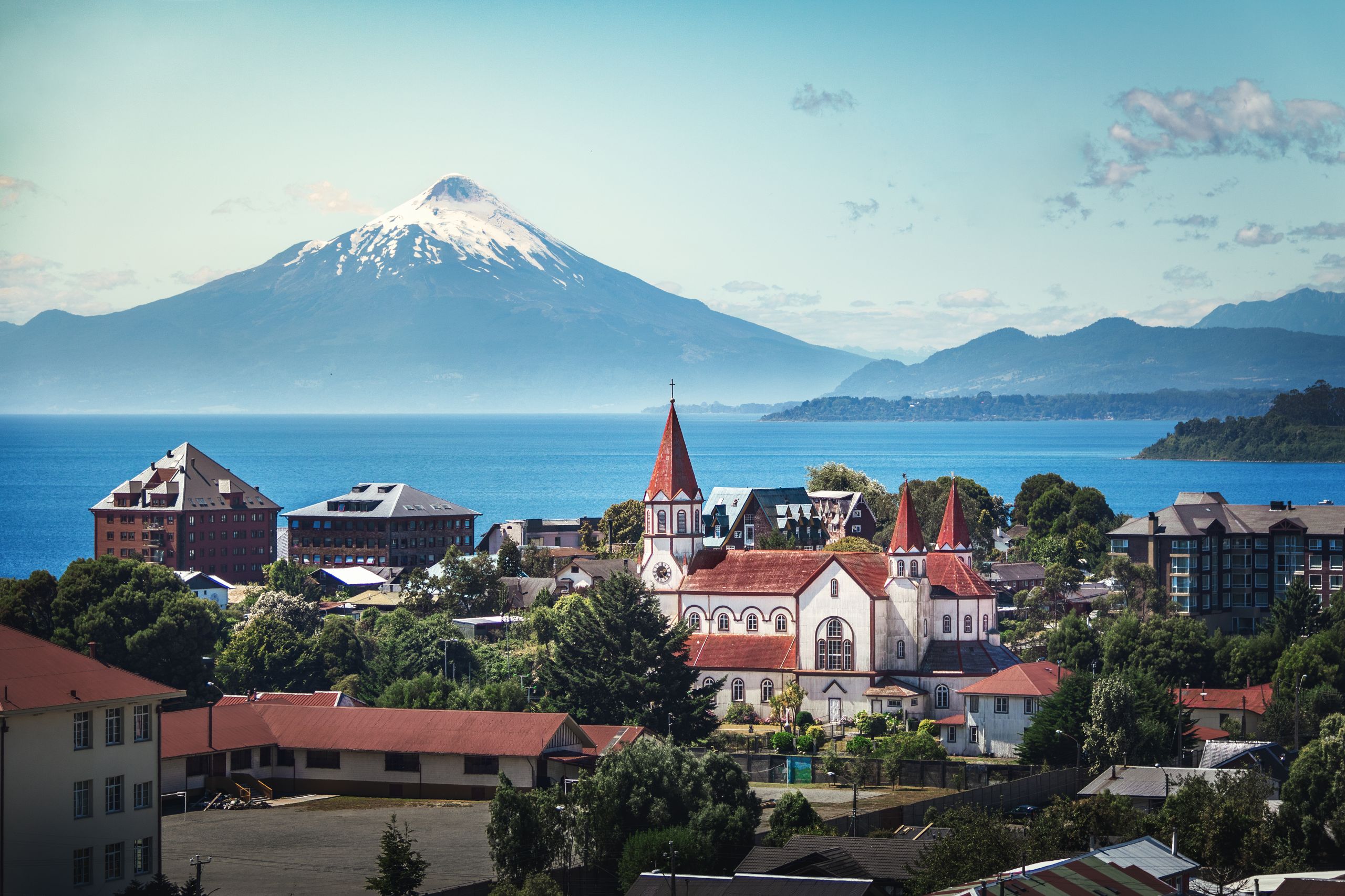 Aerial view of Puerto Varas with Sacred Heart Church and Osorno Volcano - Puerto Varas, Chile